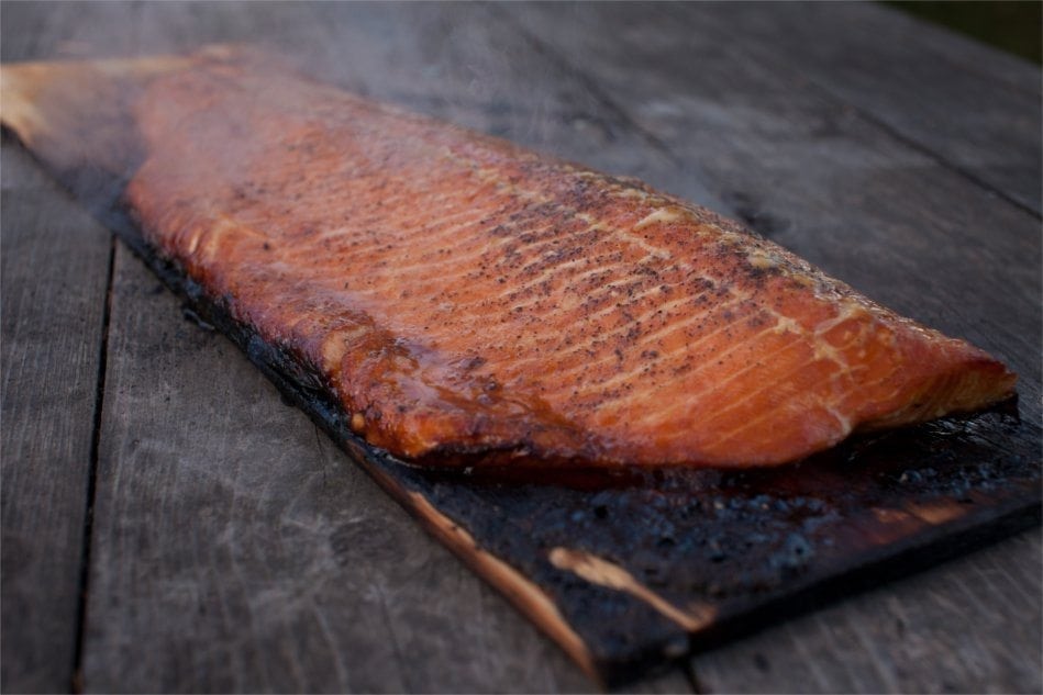 Cedar planked salmon fillet with brown sugar