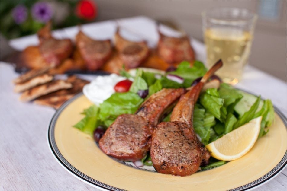 Hickory Planked Lamb Chops with Greek Salad Recipe