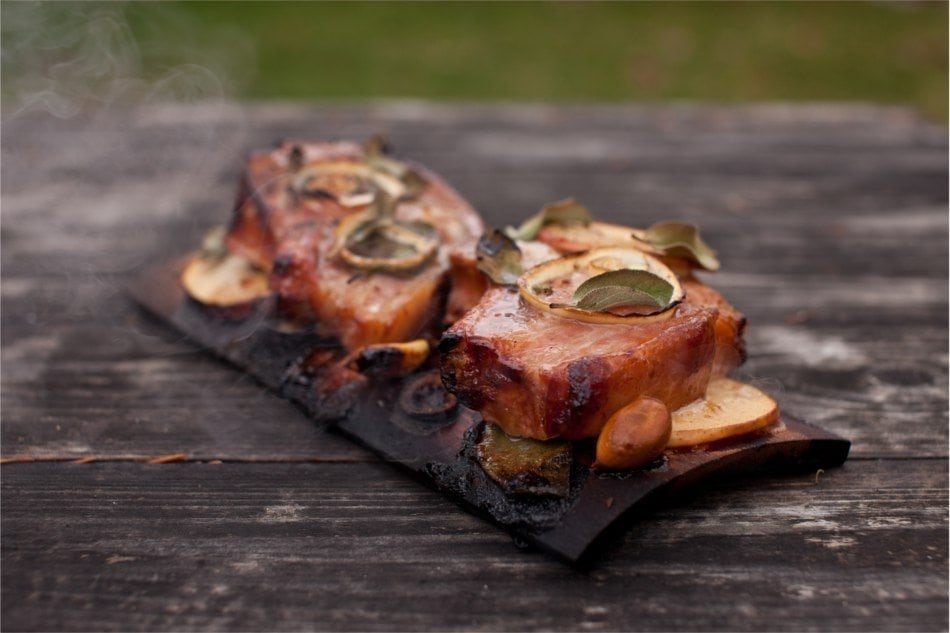 Cedar Planked Pork Chops with Apple Cider and Sage Recipe