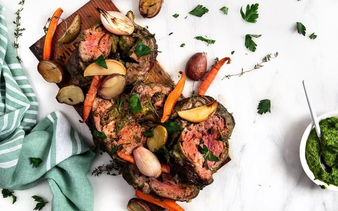 Cedar Planked Herb-Stuffed Lamb with Carrots, Potatoes and Onions