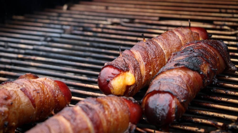 Maple Smoked Bacon-Wrapped, Cheese-Stuffed Hot Dogs Recipe