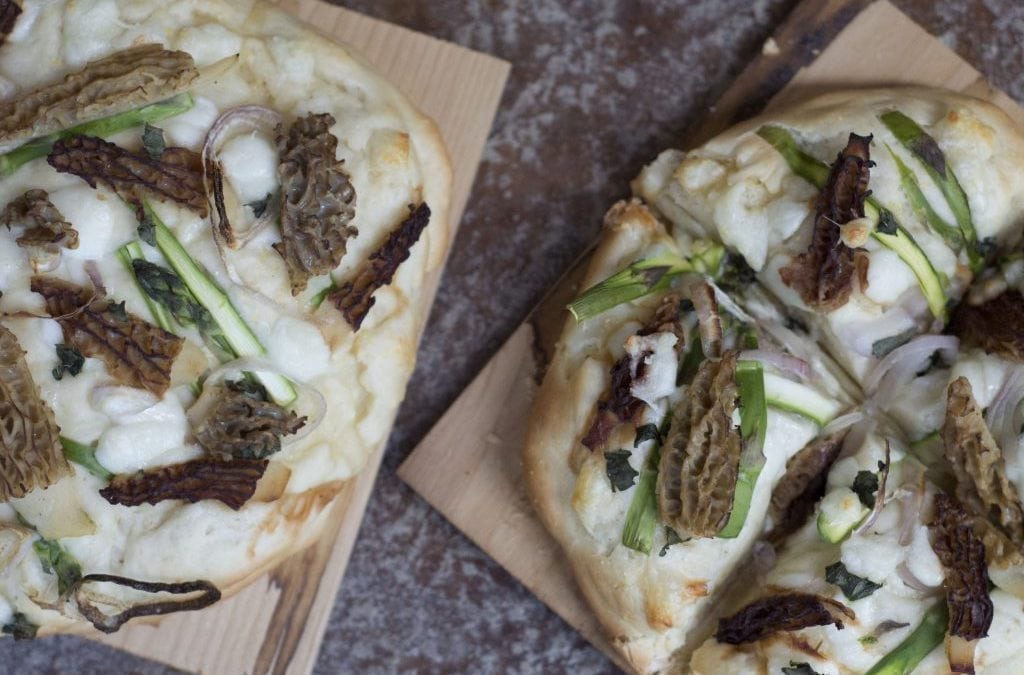 Grilled Cedar Planked Pizza with Morels and Asparagus