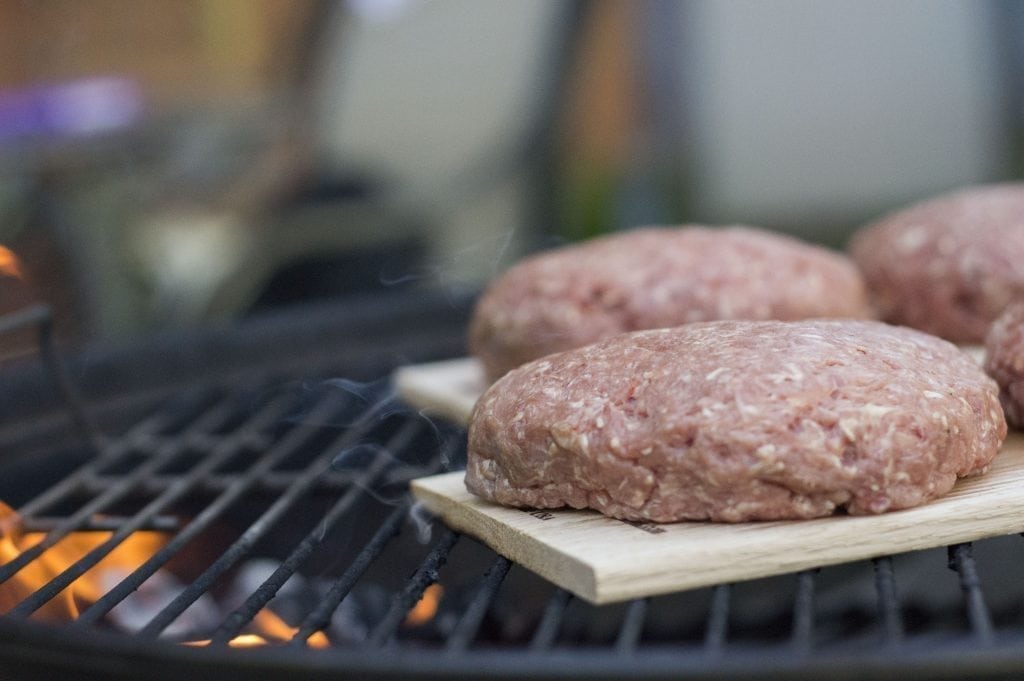 Red Oak Planked Burgers on the Charcoal Grill