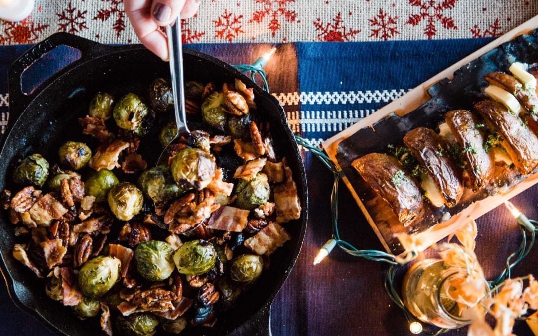 Cast Iron Brussel Sprouts with Bacon, Sage and Cedar Candied Pecans Recipe