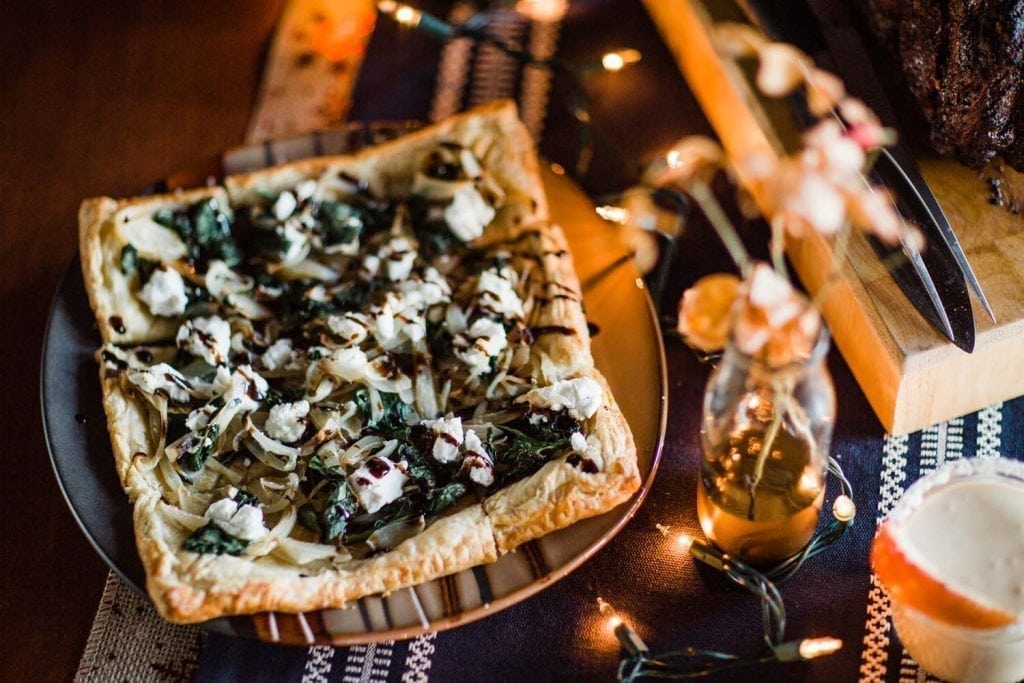 Maple Planked Onion Tart with Spinach, Goat Cheese and Balsamic