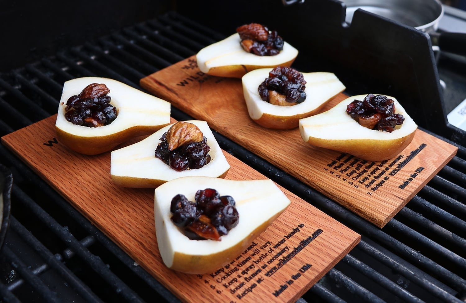 Red Oak Planked Pears with Bourbon & Dried Fruit Compote