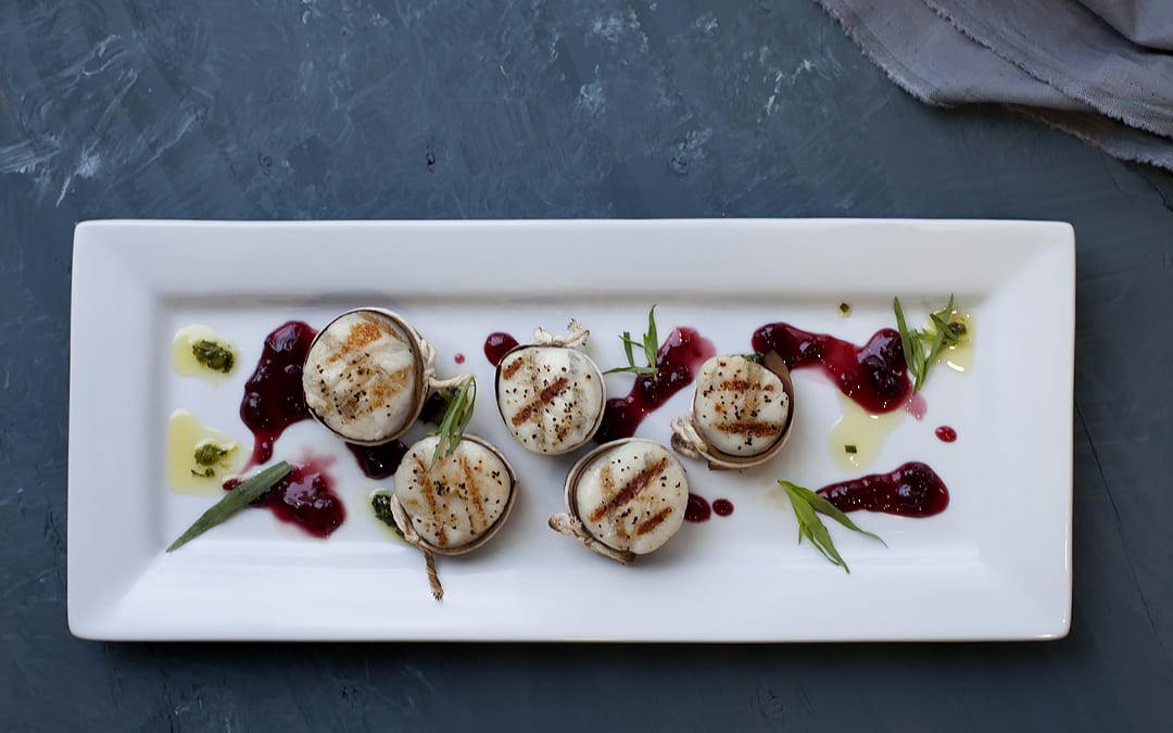Cedar Wrapped Scallops with Cherry Jam and Tarragon Oil