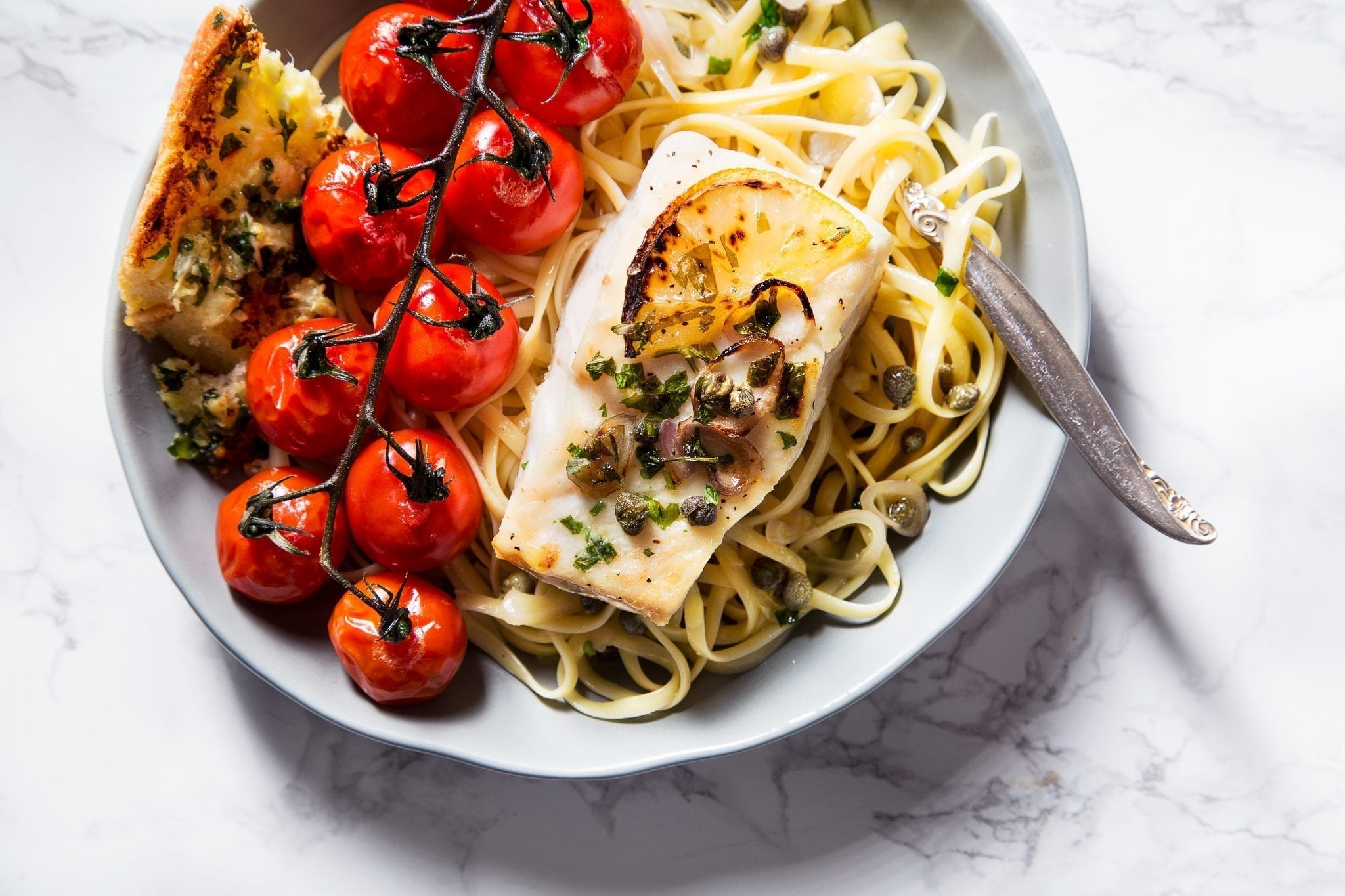 Cedar Planked Cod Piccata with Linguine