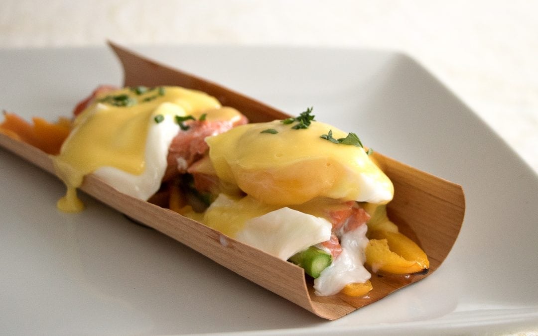 Alder Wrapped Salmon Benedict with Asparagus, Peppers, and Smoked Hollandaise Sauce