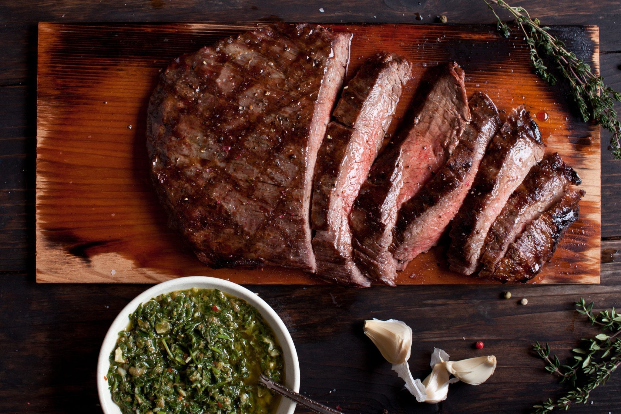 Hickory Planked Flank Steak with Chimichurri Sauce