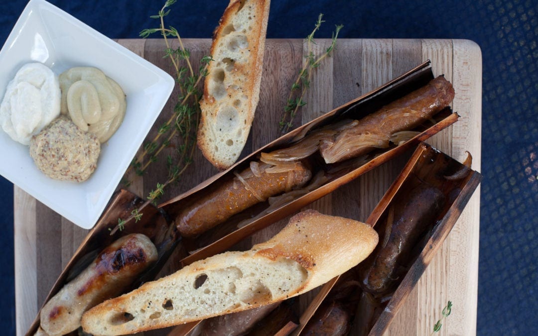 Alder Wrapped Sausages with Shallots, Mustards and Grilled Baguette