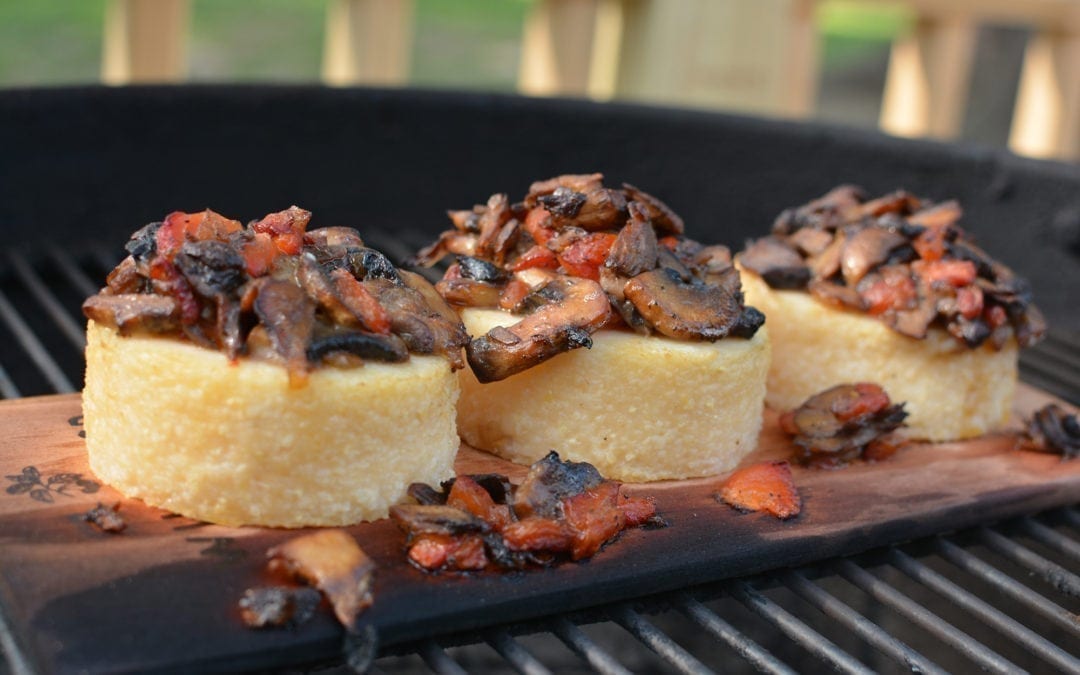 Hickory Planked Cheese Grits with Mushrooms
