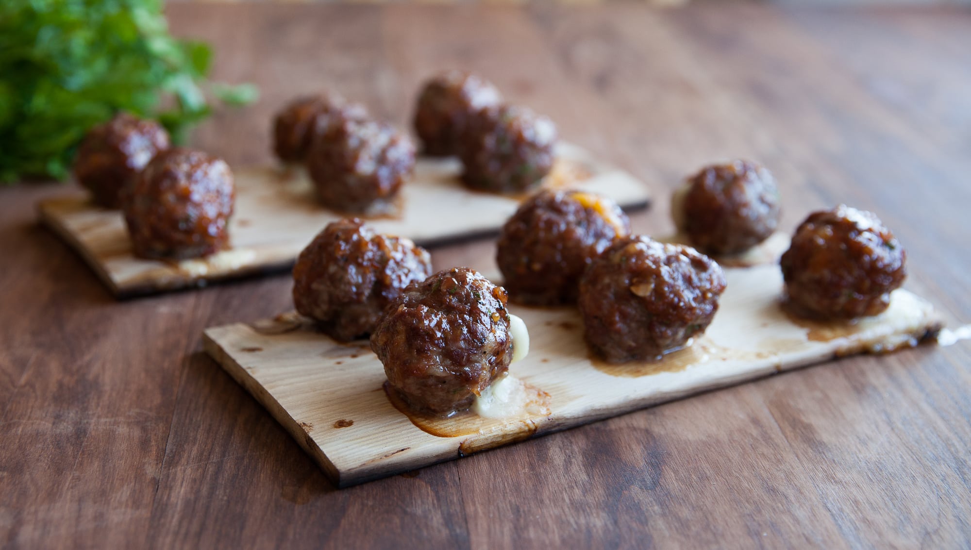 Hickory Planked Cheese Stuffed Meatballs