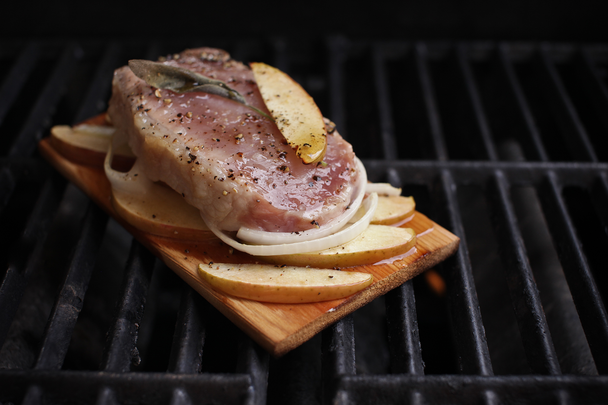 Cedar Planked Pork Chops with Apples, Onions and Sage