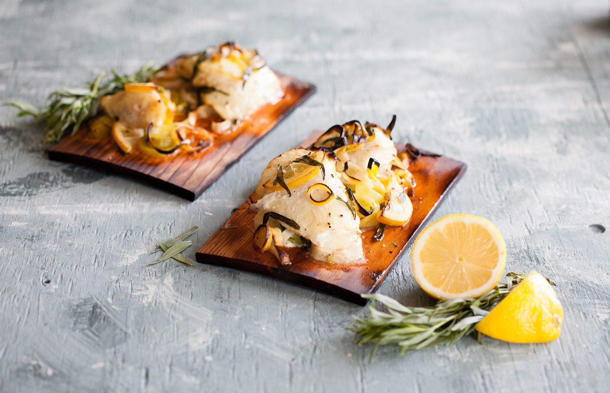 Cedar Planked Halibut Cheeks with Leeks, Lemon and Tarragon Wildwood Grilling