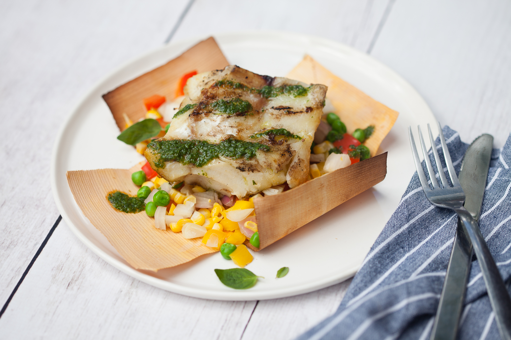 Grilled Cod with Cedar Wrapped Succotash and Garden Pesto