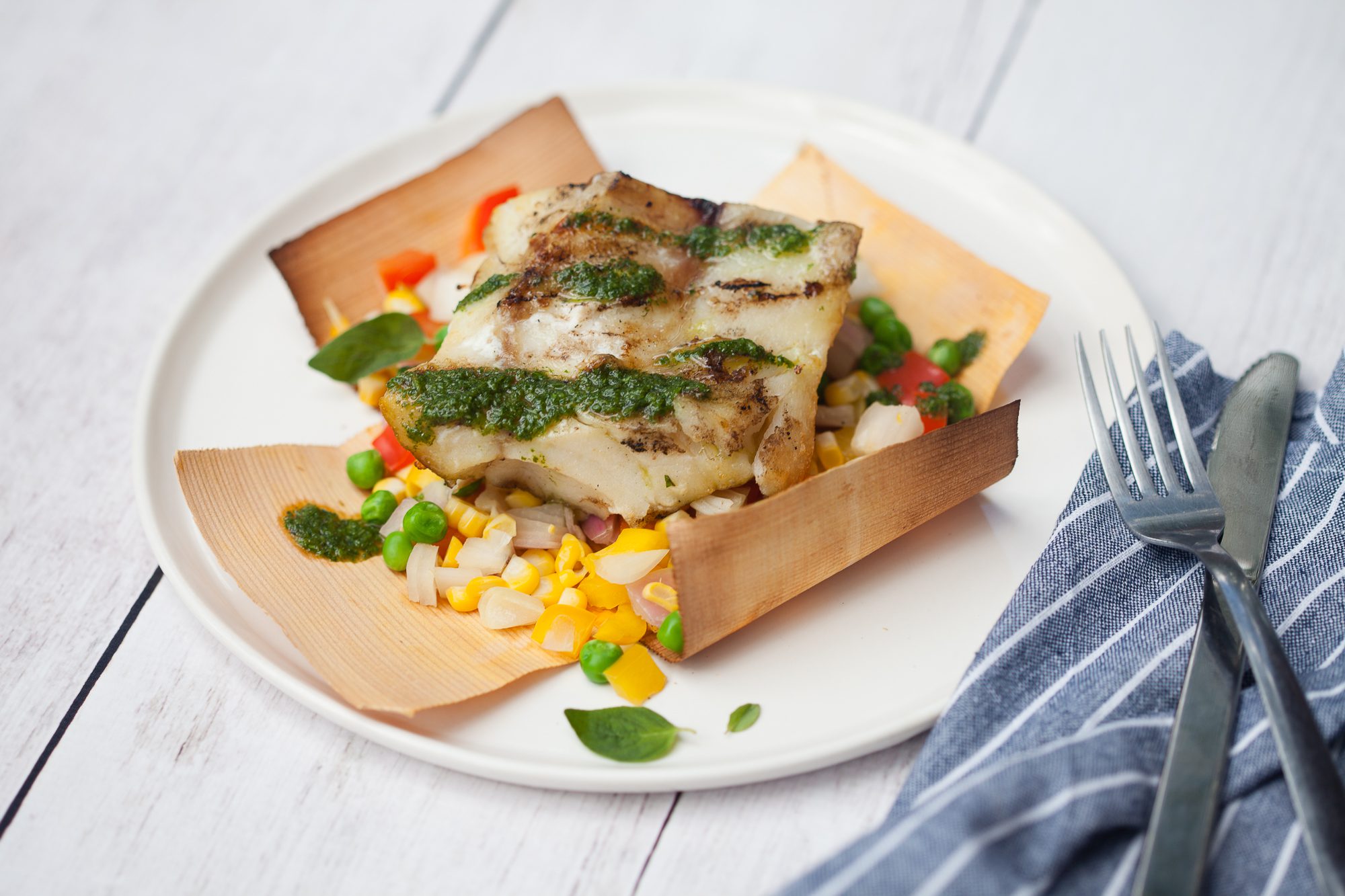 Cedar Cod Grilled Cod with Cedar Wrapped Succotash and Garden Pesto | Wildwood ...