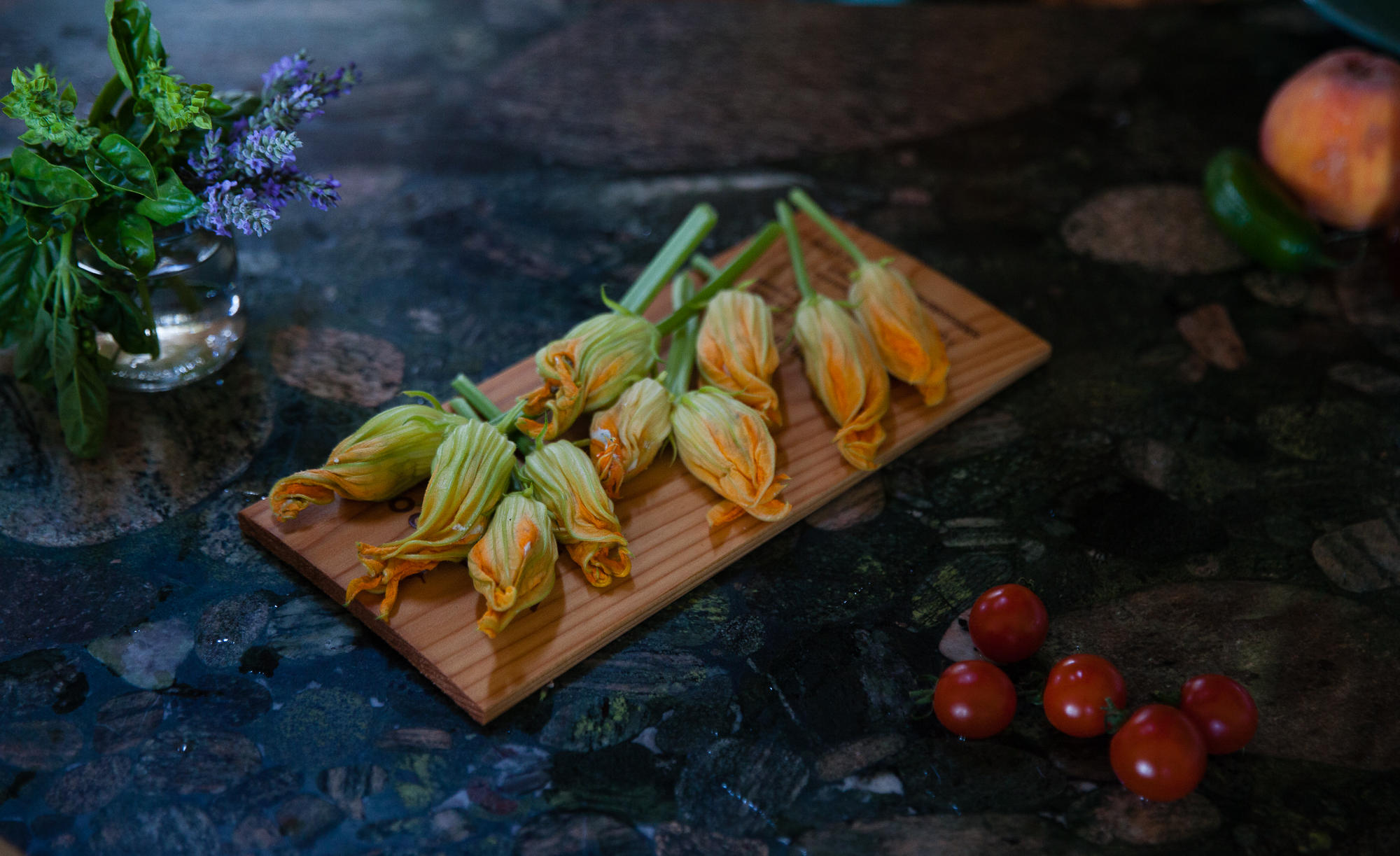 Maple Planked Squash Blossoms with Herbed Ricotta
