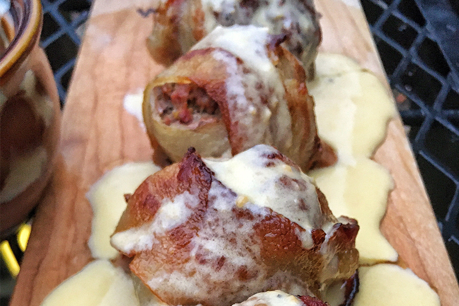 Bacon Wrapped Meatballs with Beer Cheese Sauce